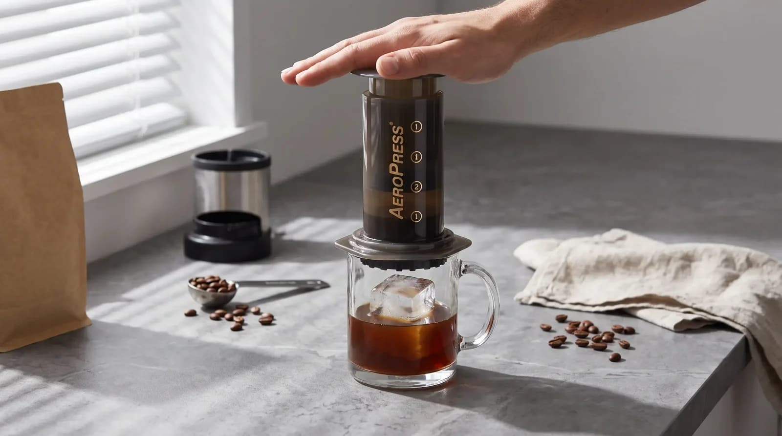 Espresso stream hitting ice cubes in a tall clear tumbler, bright splash frozen in open daylight.