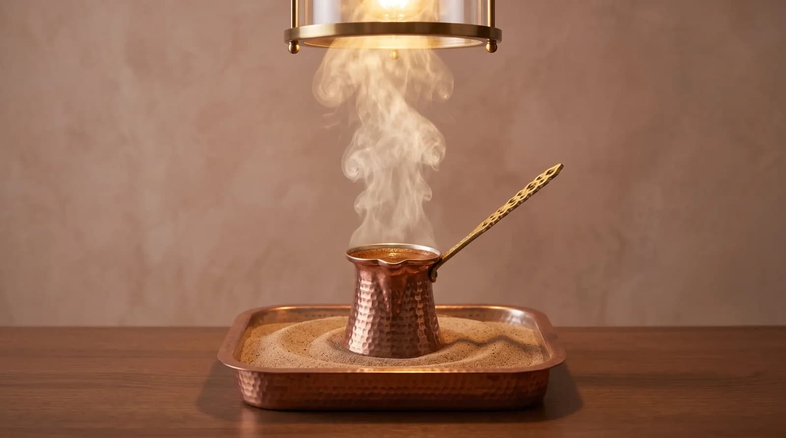 Copper cezve in embers-warm light, foam cresting at the lip.