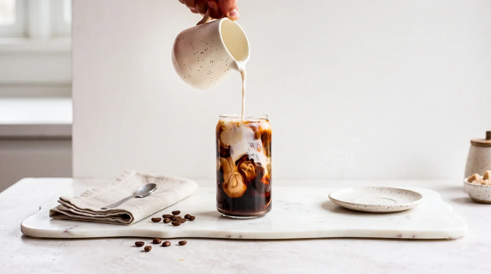 Milk clouds blooming through cold brew in a stemless glass.