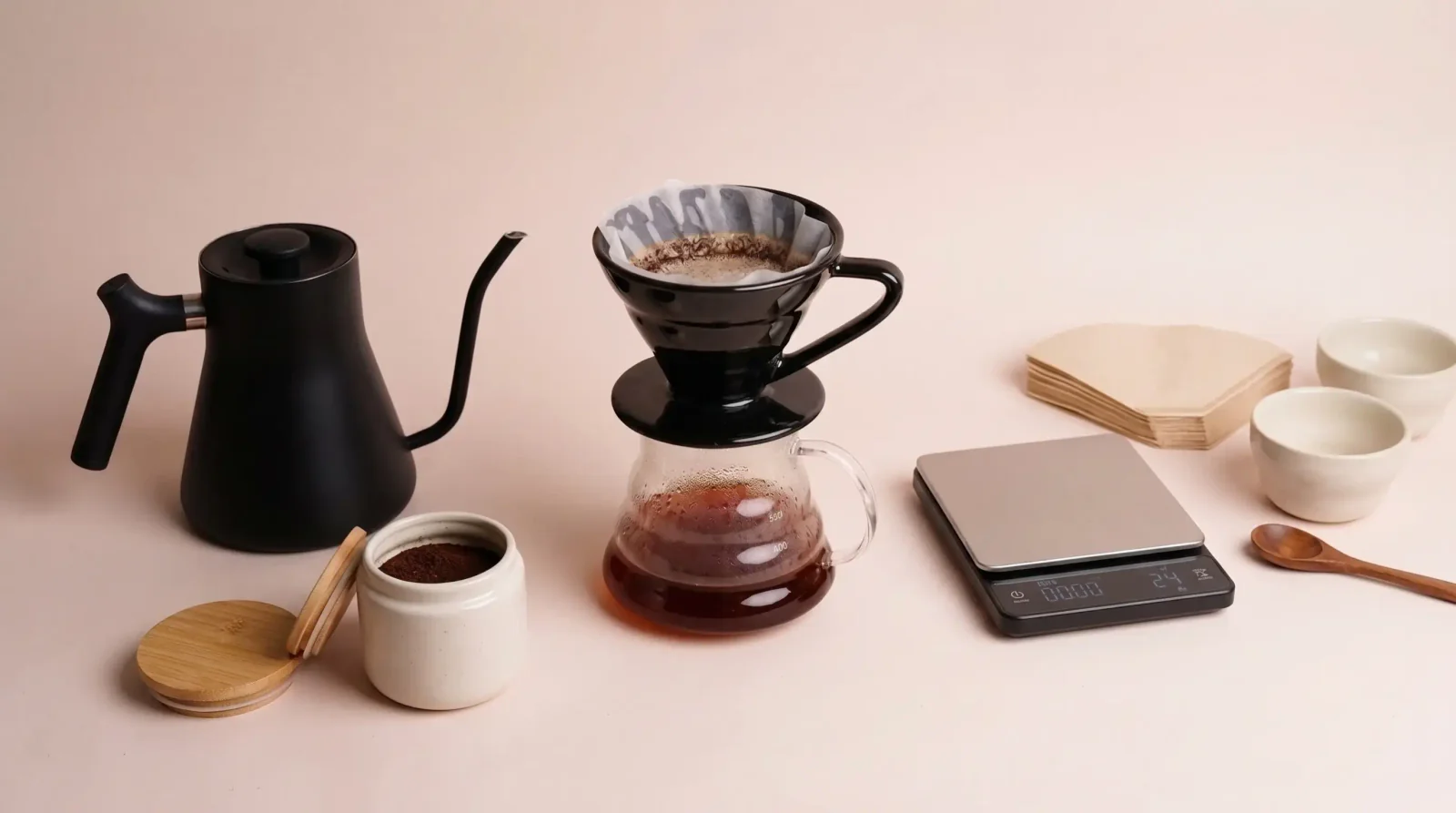 Two ceramic cups side by side, server pouring into the second, linen backdrop.