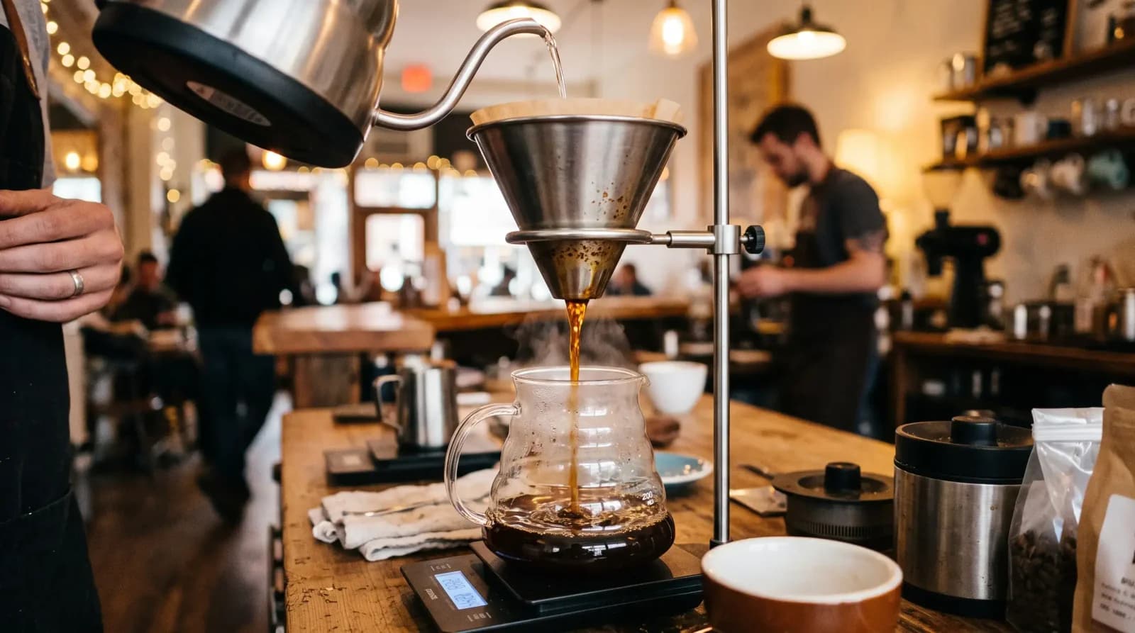 Glass carafe filling under a stainless brewer, café counter blur behind.