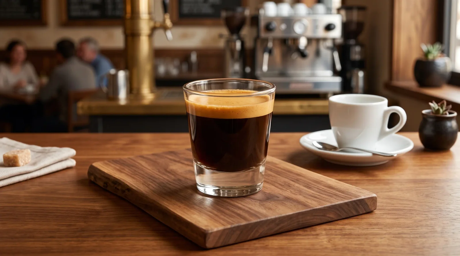 Crema swirling across a wide white cup as the shot lands on hot water.