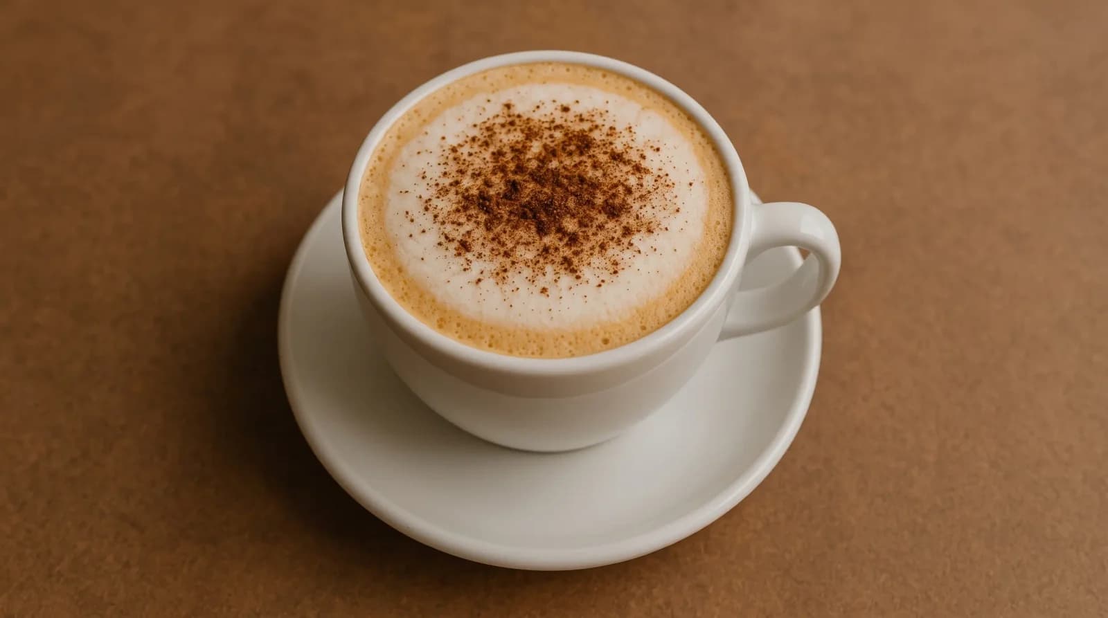 Overhead cup with a snow-white foam dome, cocoa dust drifting down.