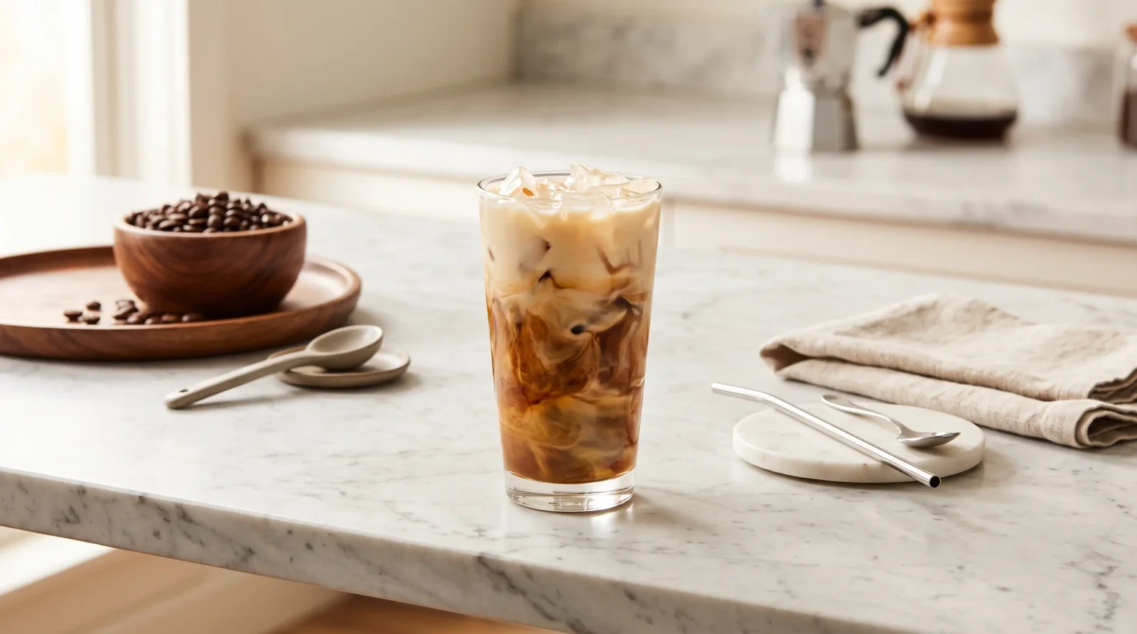 Espresso marbling down through milk and ice in a tall glass.